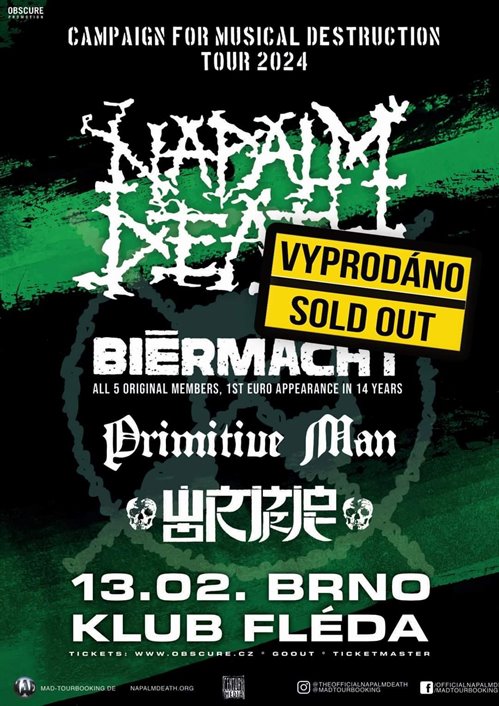 Campaign For Musical Destruction Tour 2024 (NAPALM DEATH, PRIMITIVE MAN, WORMROT, PIECE, KANDAR) - Brno, Flda - 13. nora 2024